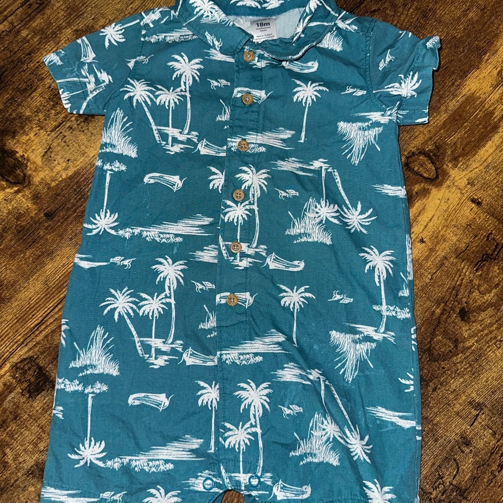 Teal Palm Tree Print Button-Up Romper